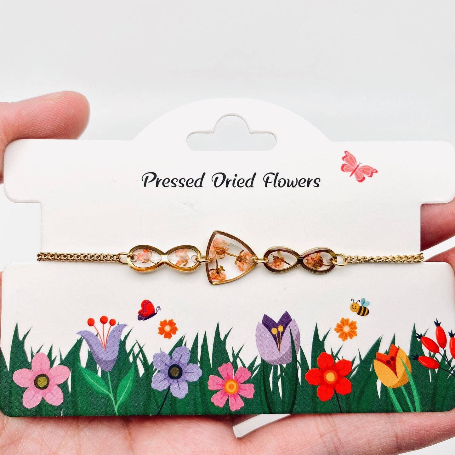 Dried Flowers Floral Geometric Charm Golden Bracelet - SAQA