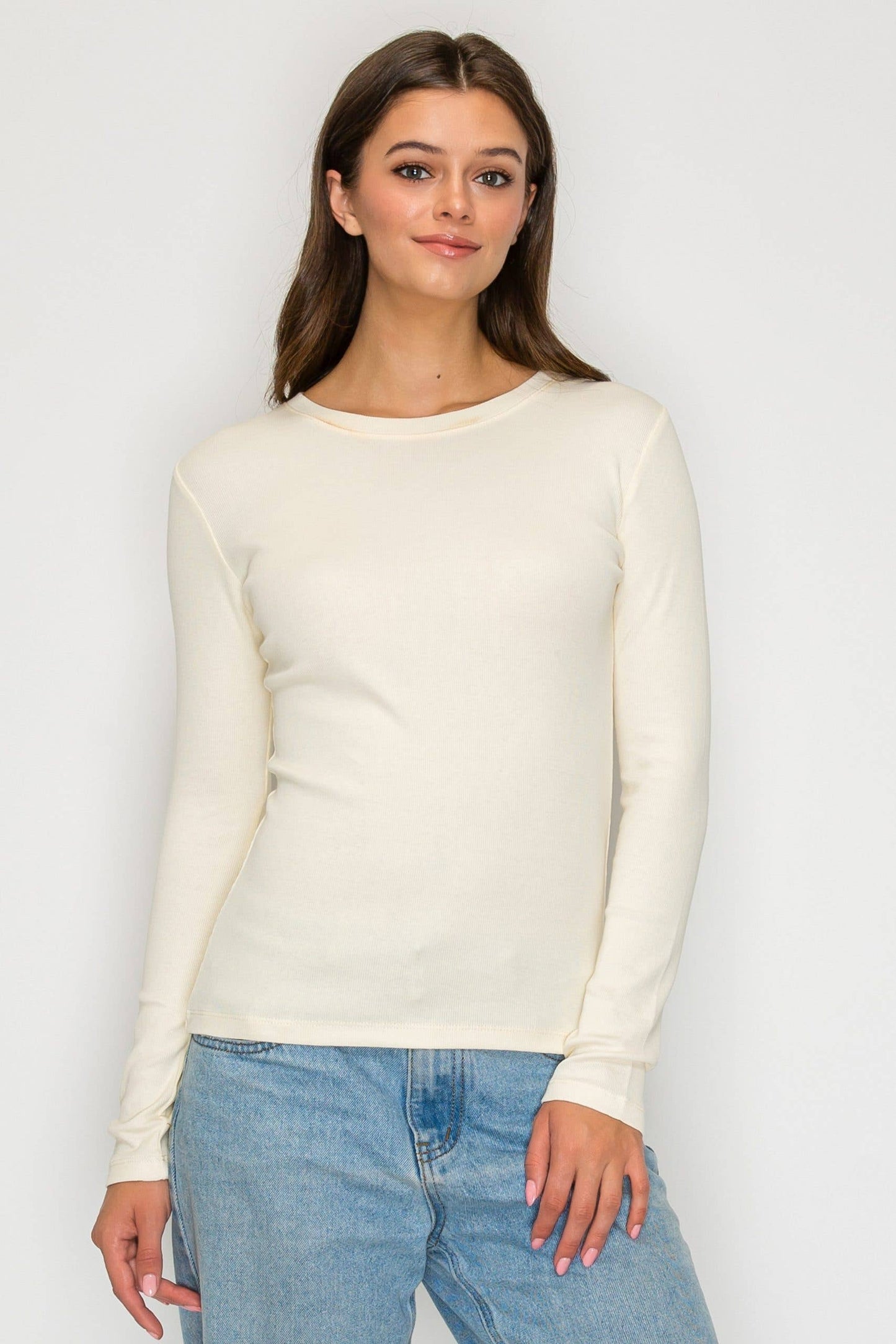 Cream Long Sleeve Mini Ribbed Tee