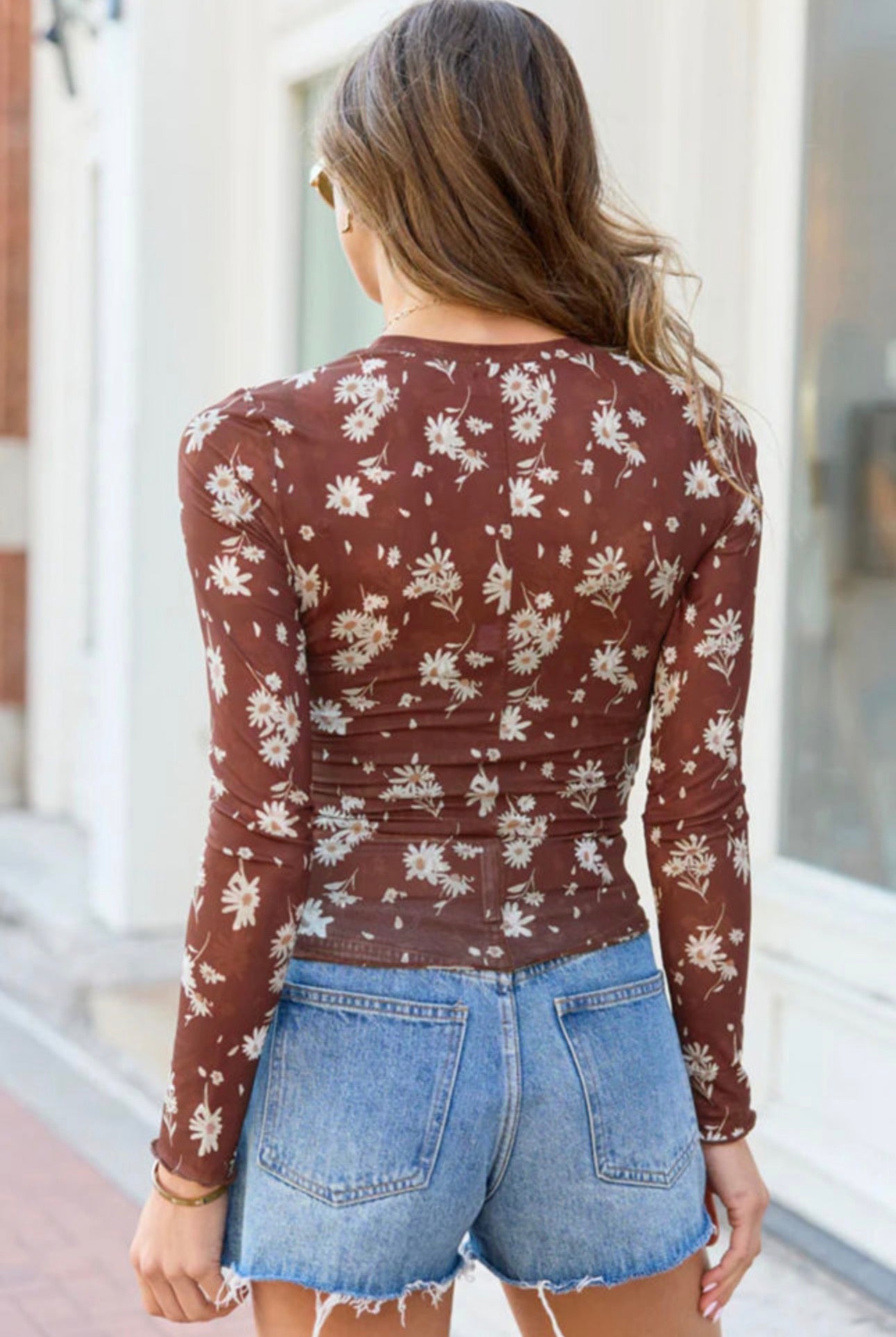 Brown Floral Print Mesh Top