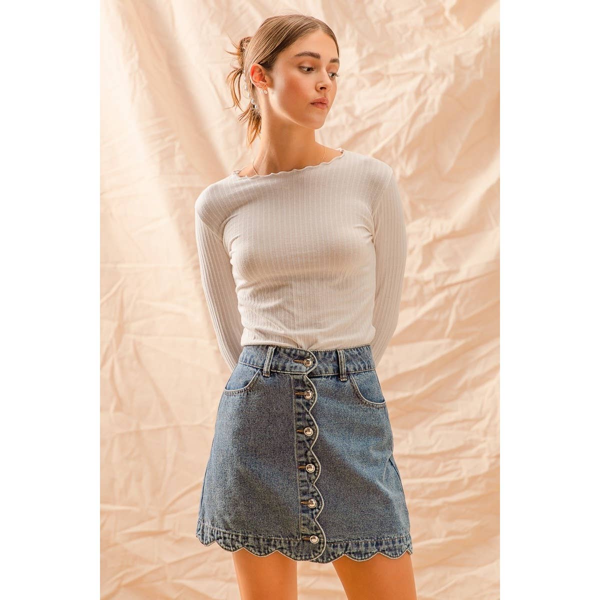 Scallop Button Front Denim Skirt