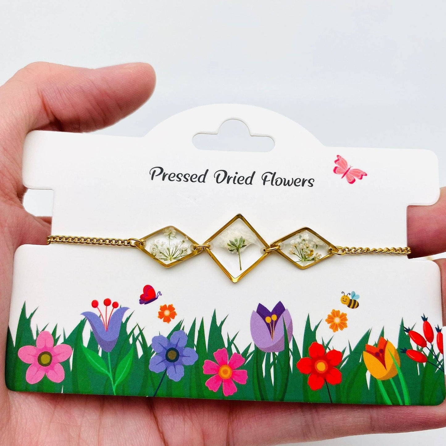 Dried Flowers Floral Geometric Charm Golden Bracelet - BBQA