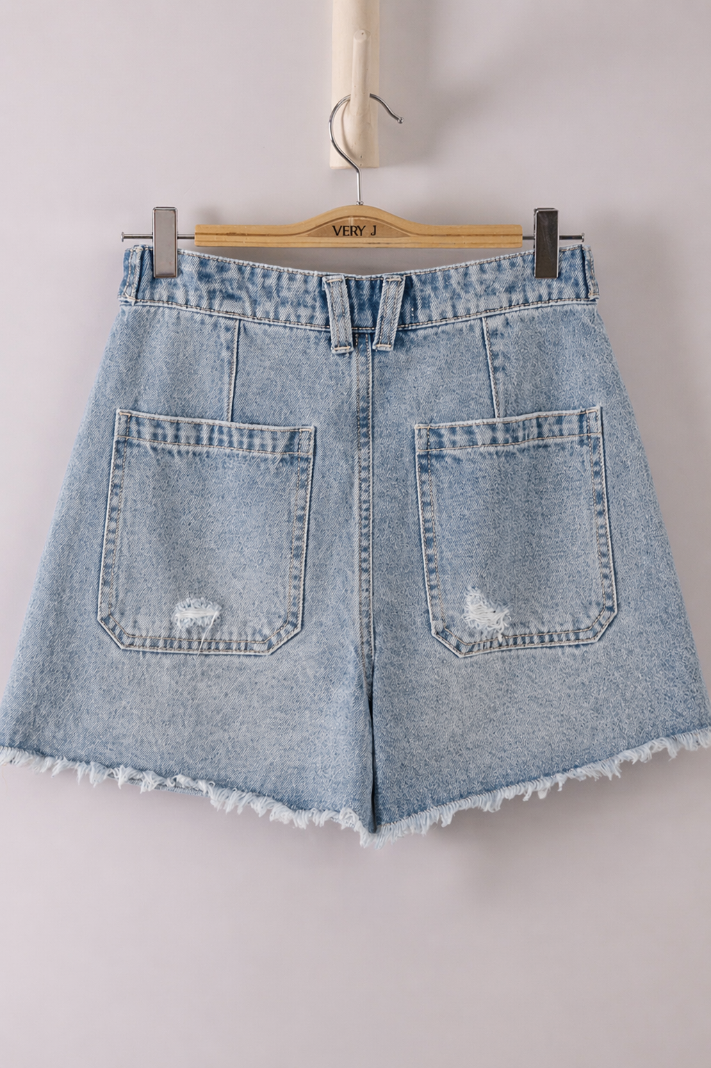 Button Tab Detail Washed Denim Shorts