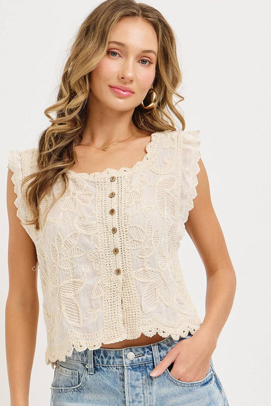 Natural Floral Embroidered Crochet Top