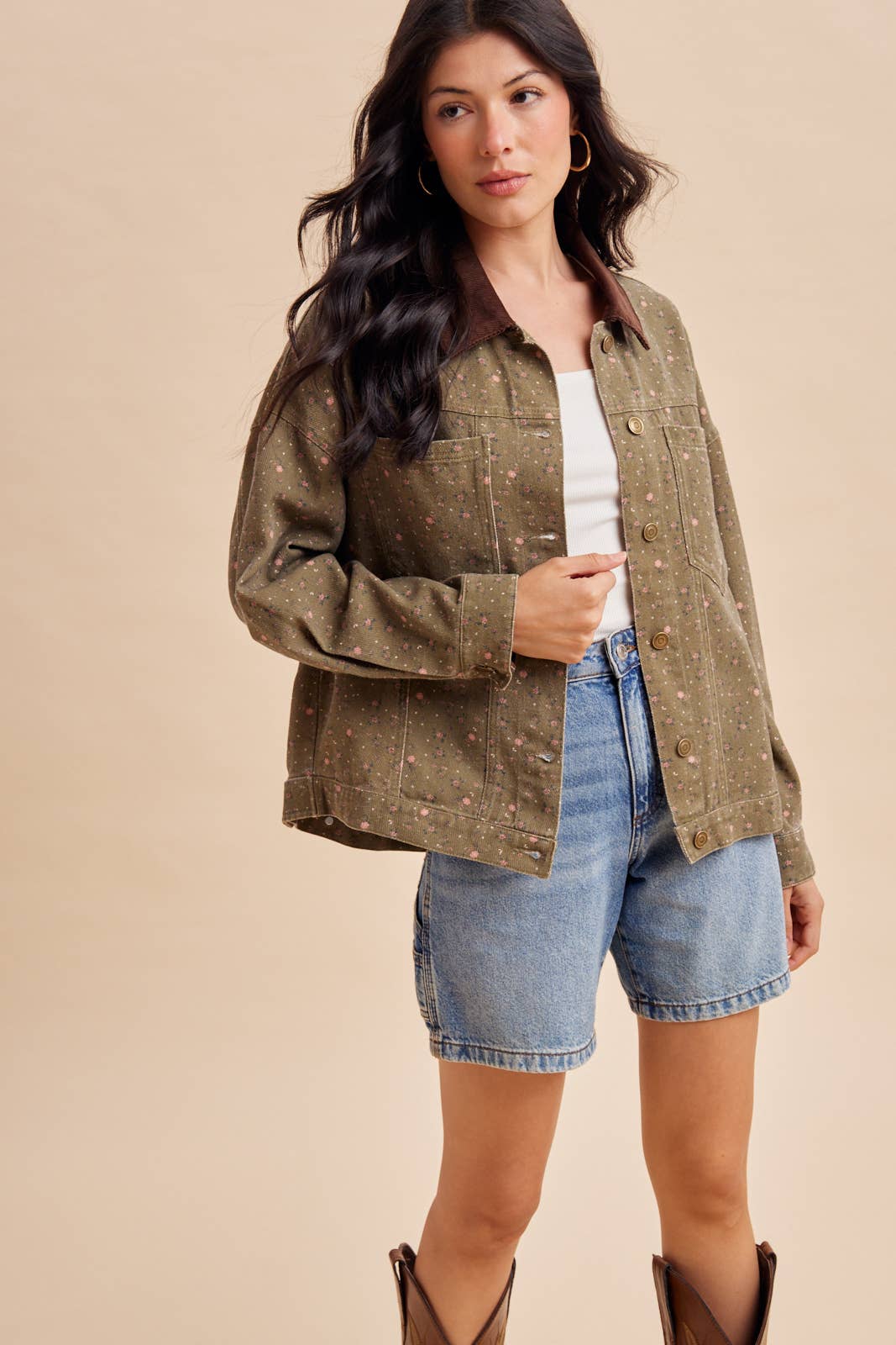 Floral Contrast Collar Shacket