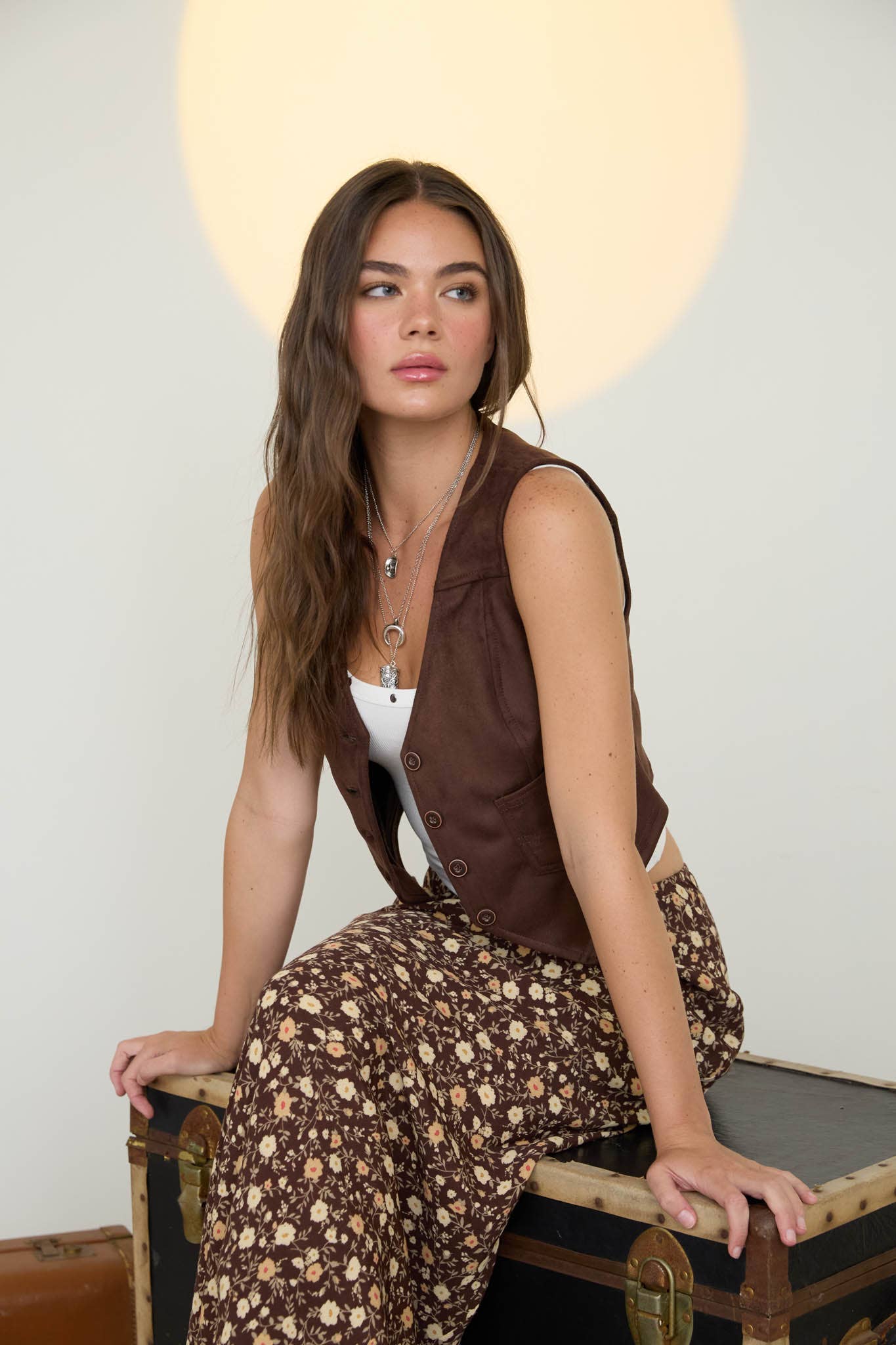 V Neck Button Down Suede Vest