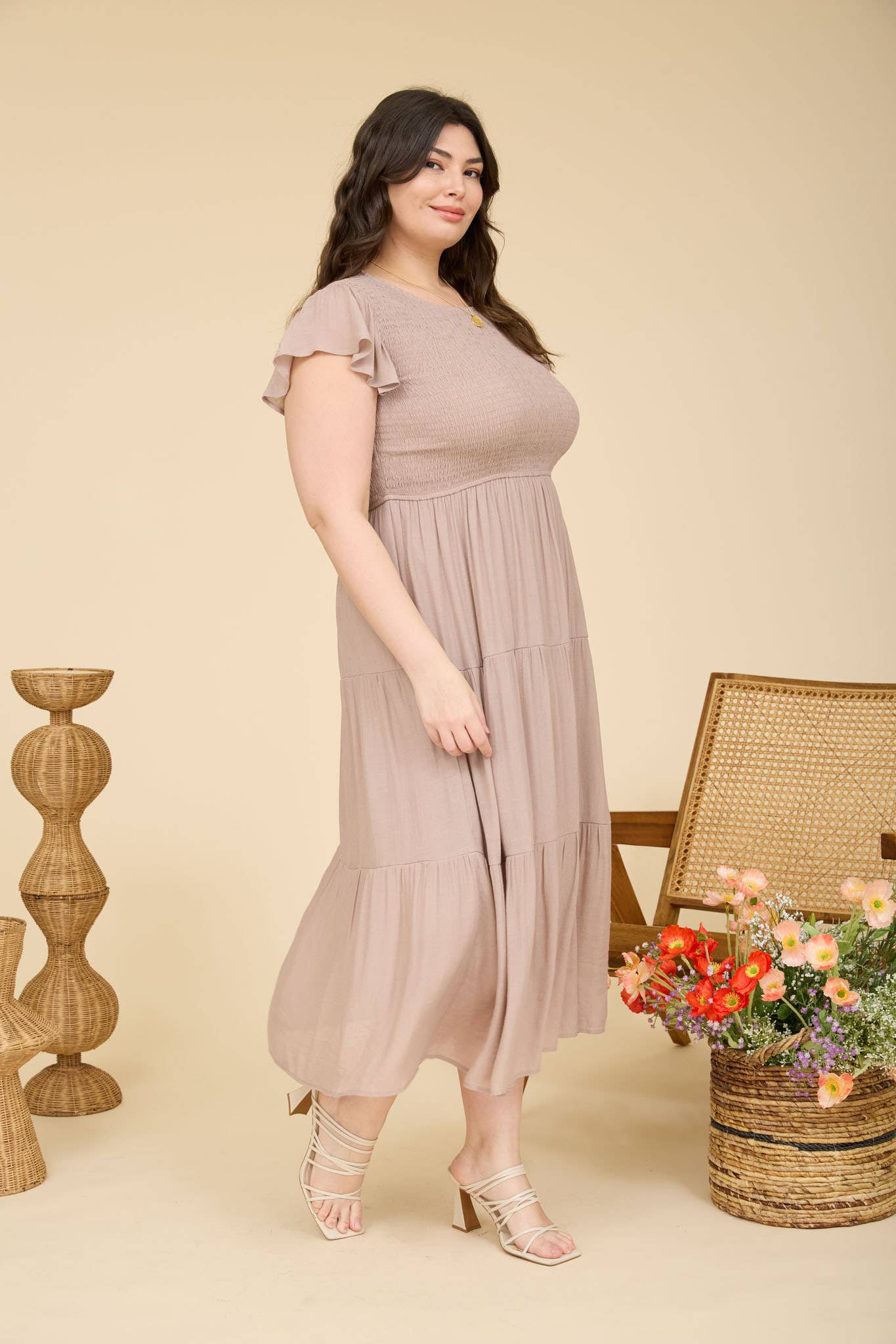 Tired Smocked Taupe Midi Dress