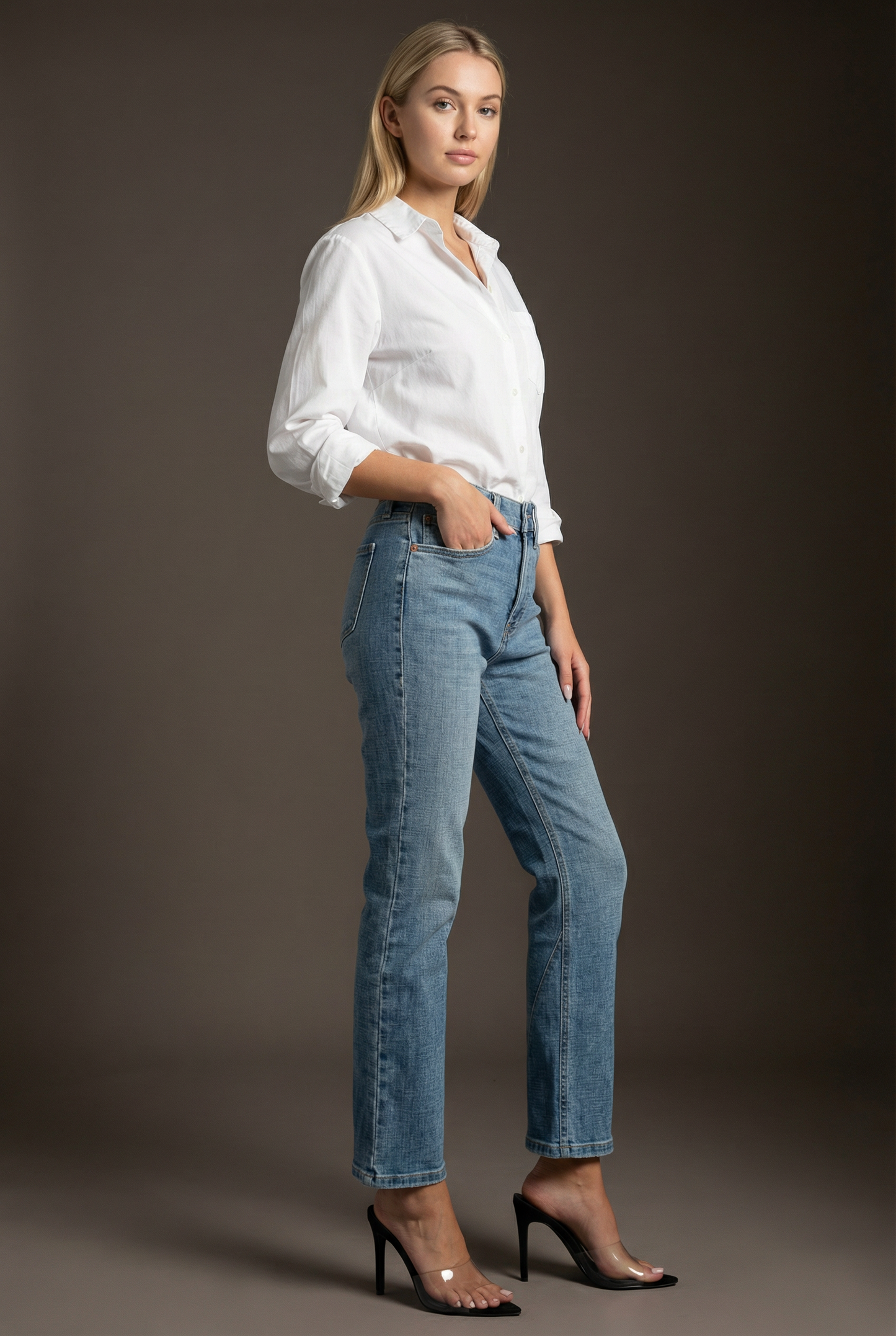 Medium Wash High Rise Straight Jeans