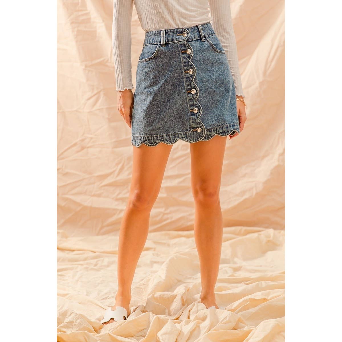 Scallop Button Front Denim Skirt