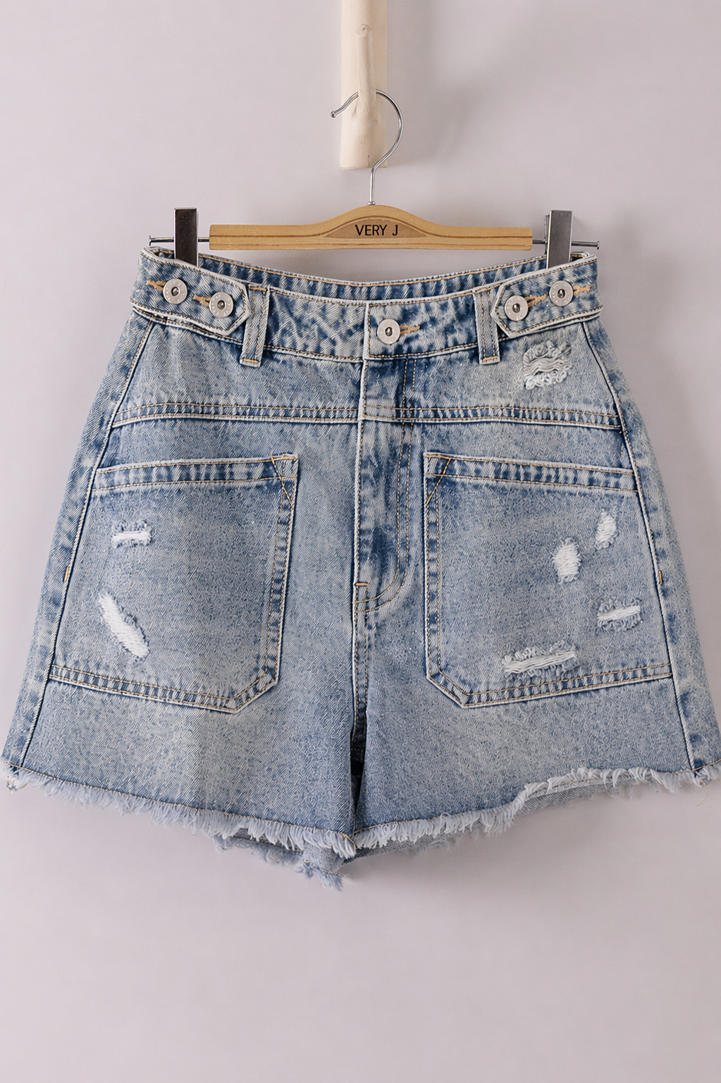 Button Tab Detail Washed Denim Shorts