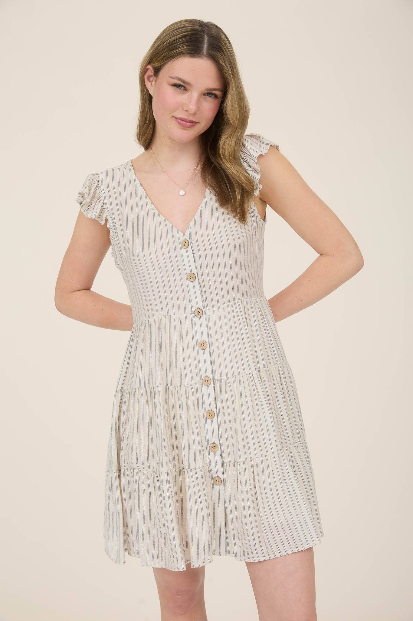 Stripe V Neck Button Down Dress