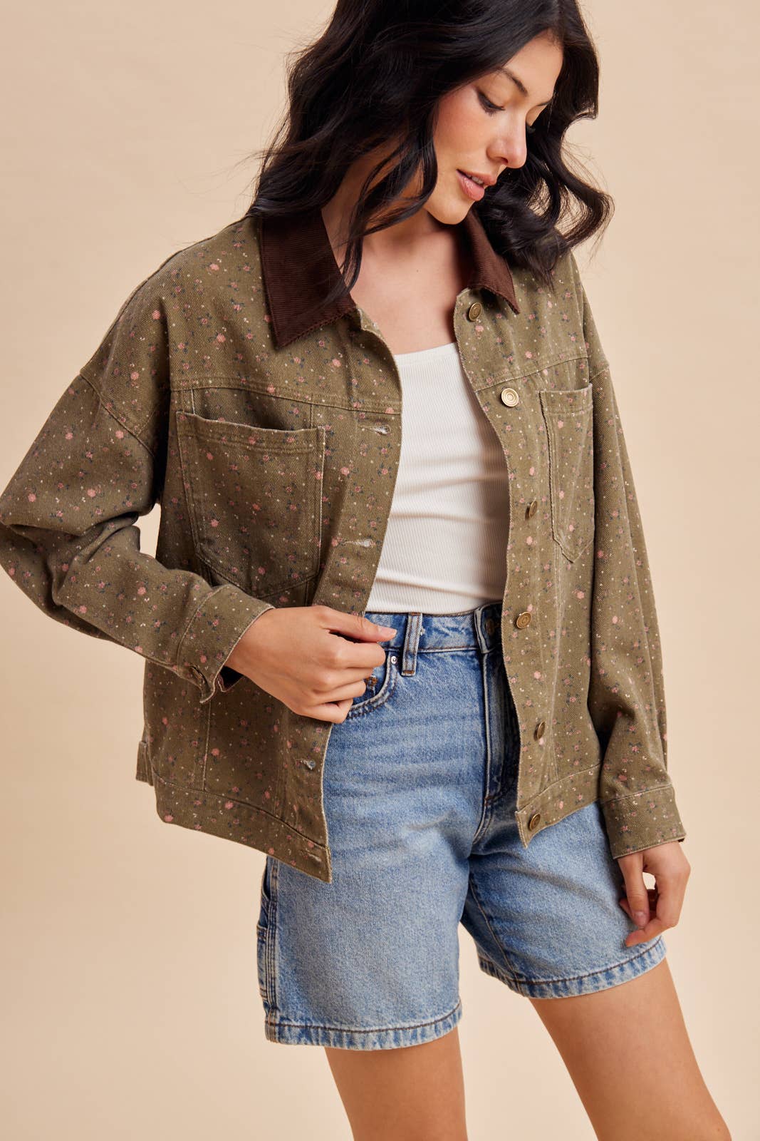 Floral Contrast Collar Shacket