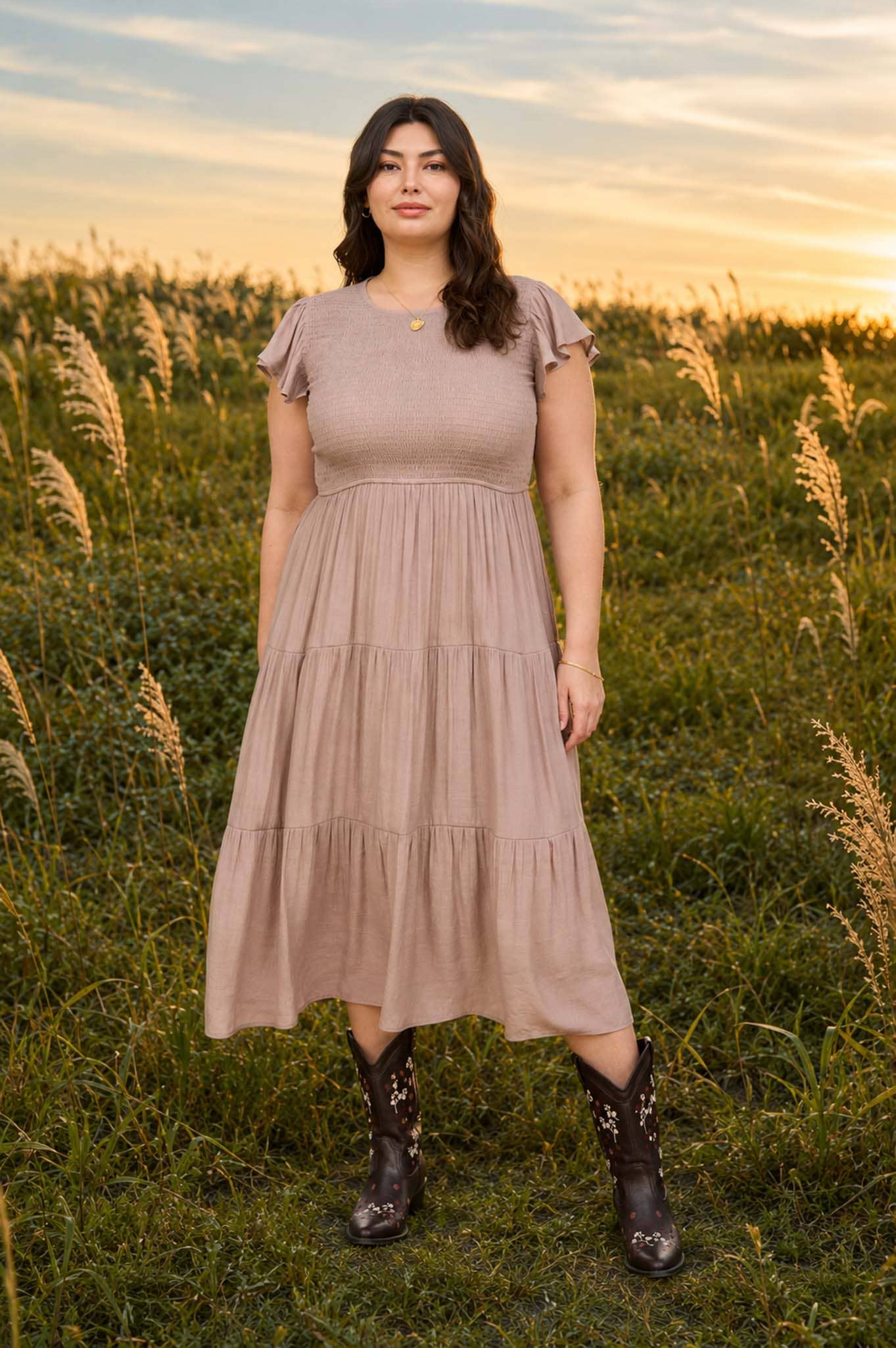 Tired Smocked Taupe Midi Dress