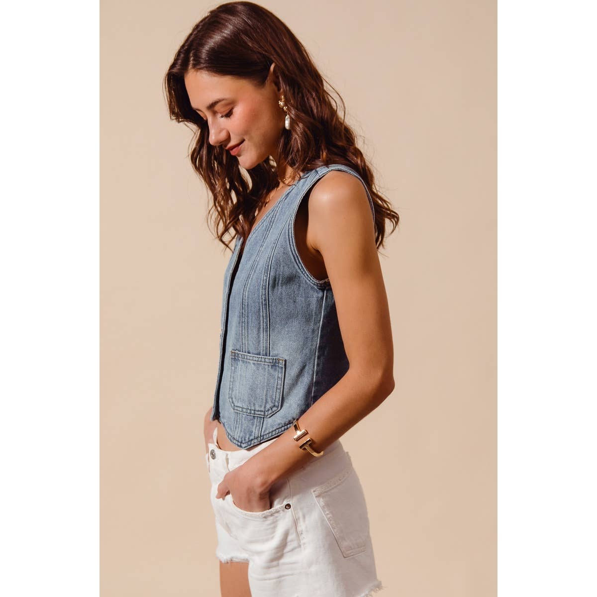Vintage Washed Denim Button Front Vest Top