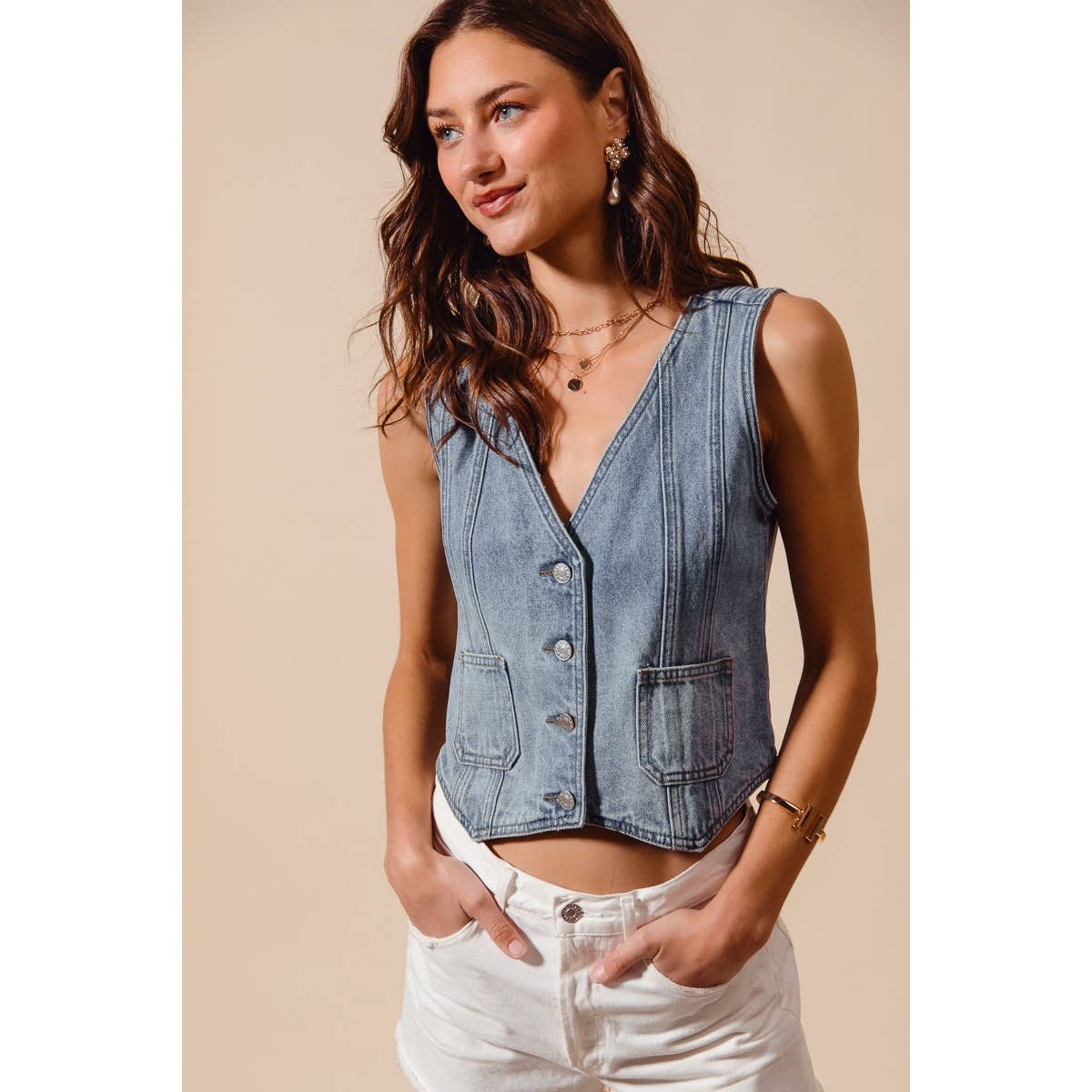 Vintage Washed Denim Button Front Vest Top