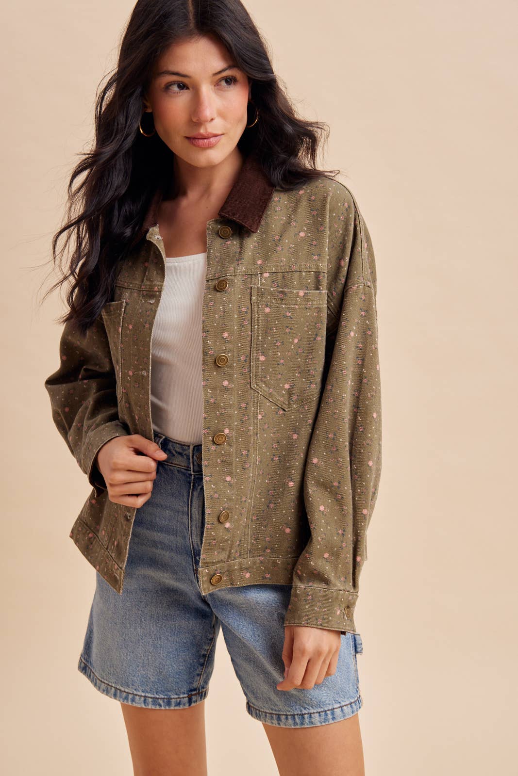 Floral Contrast Collar Shacket