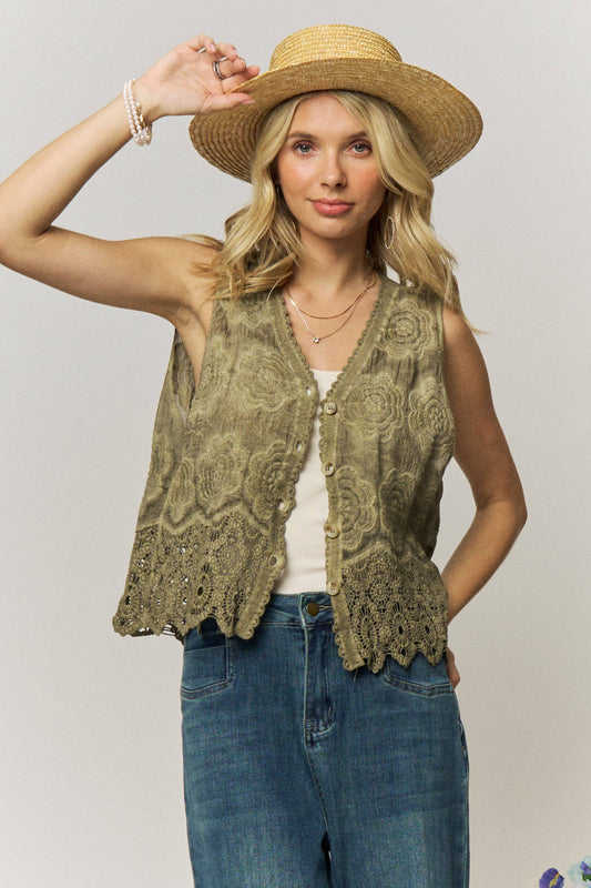 Olive Crochet Lace Vest