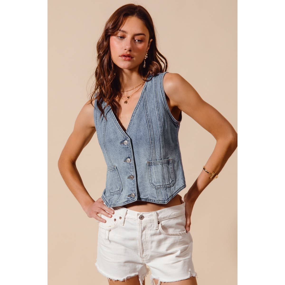 Vintage Washed Denim Button Front Vest Top
