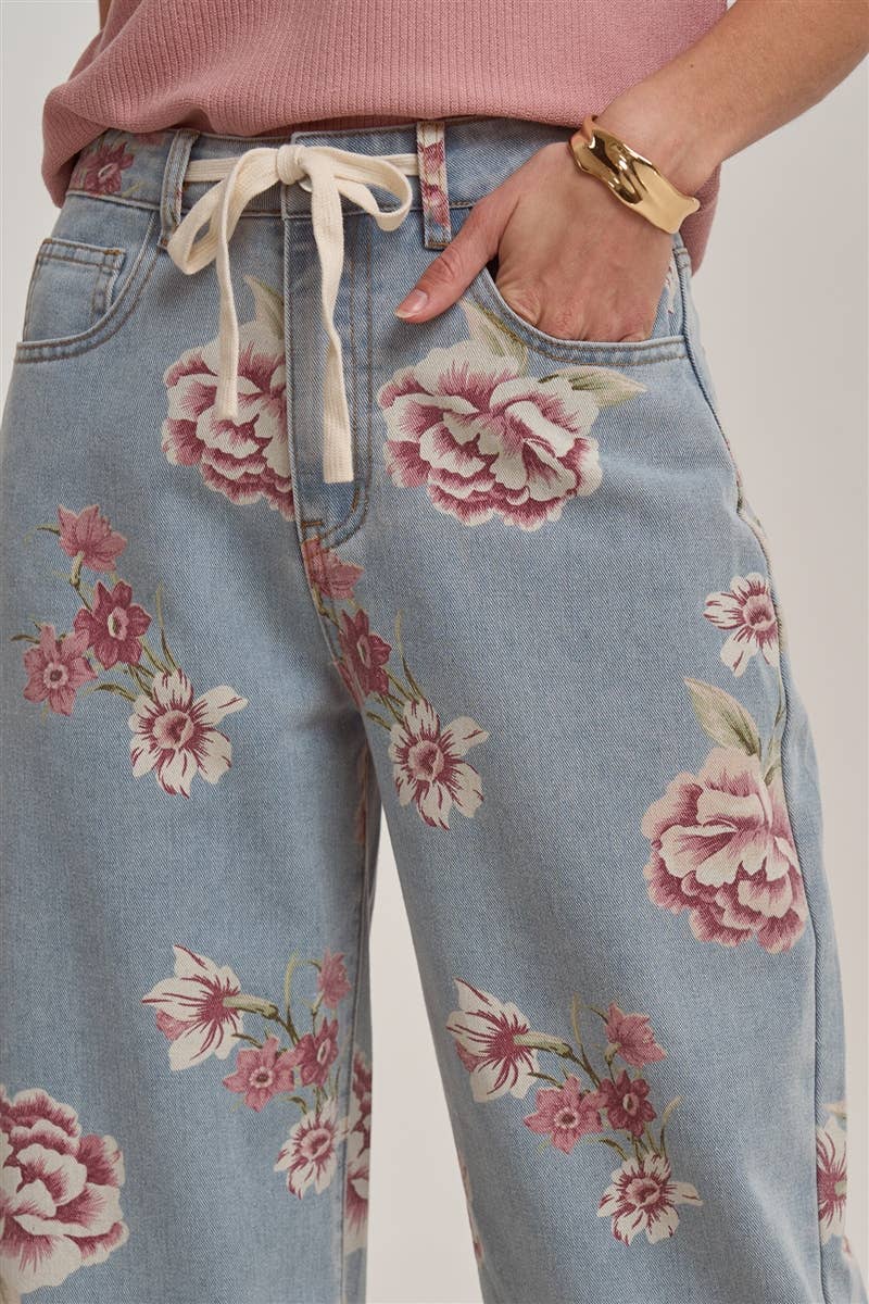 Floral Print Mid Rise Denim Pants