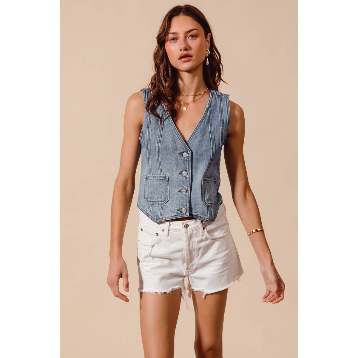 Vintage Washed Denim Button Front Vest Top
