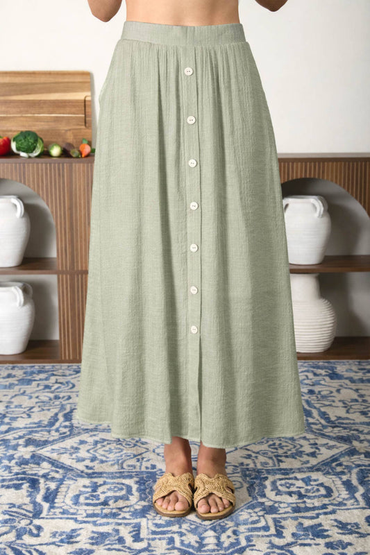 Light Olive Front Button Midi Skirt