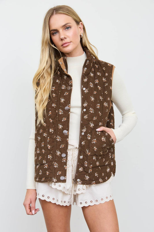 Floral Quilted Mock Neck Vest