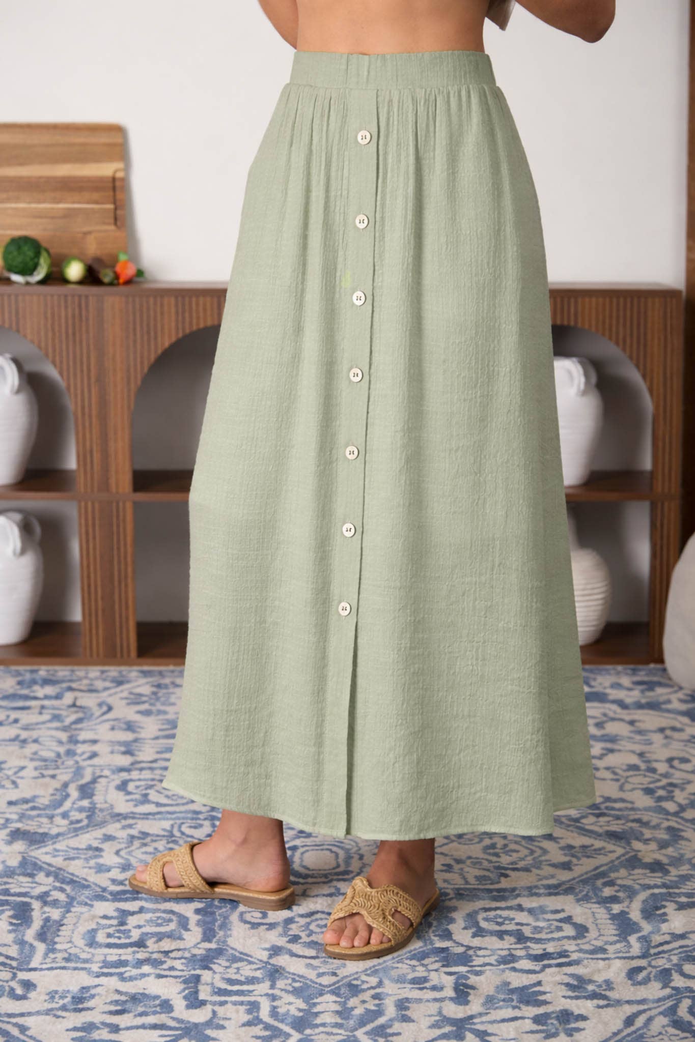 Light Olive Front Button Midi Skirt