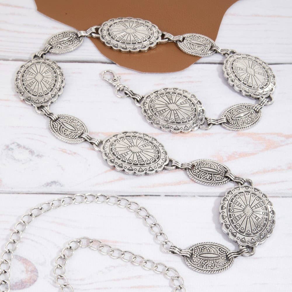 Silver Ornate Oval Western Concho Disc Chain Belt