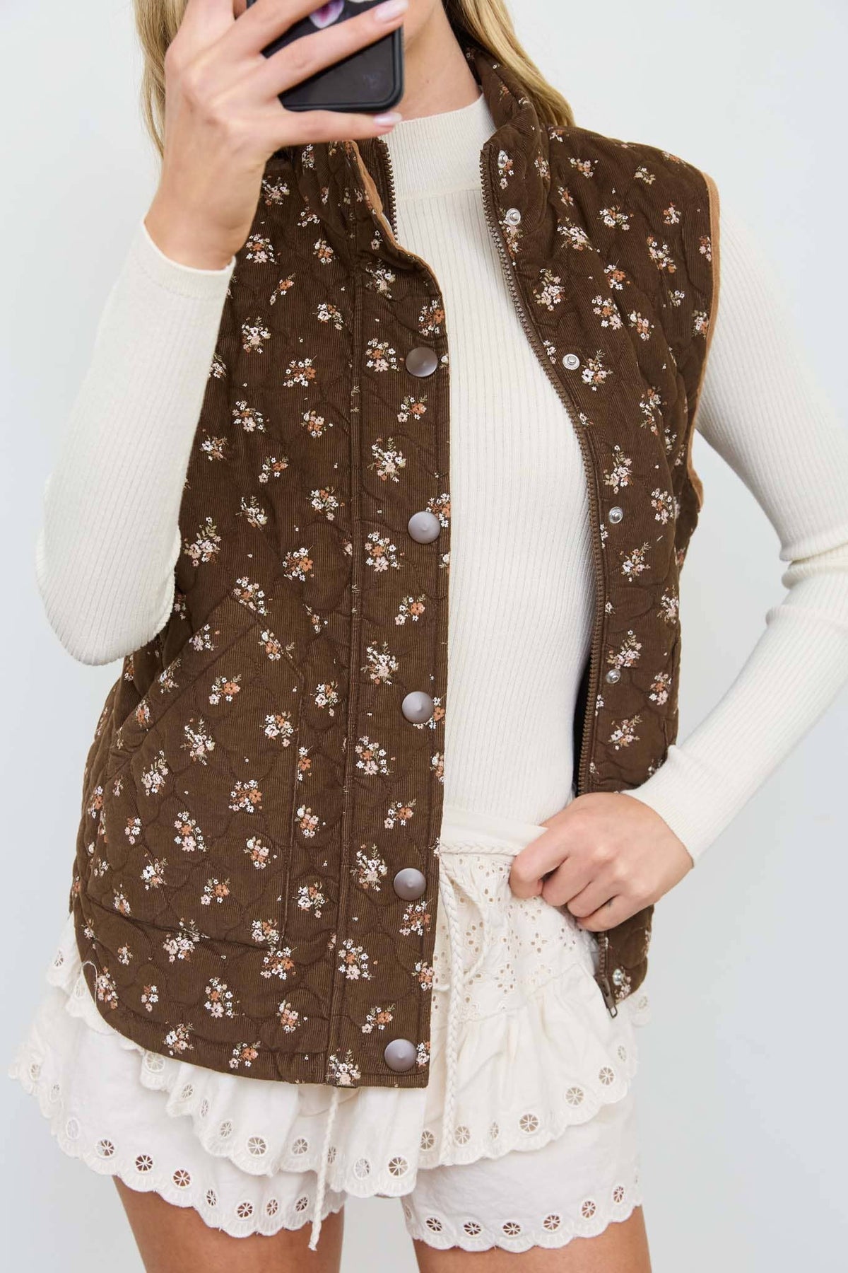 Floral Quilted Mock Neck Vest