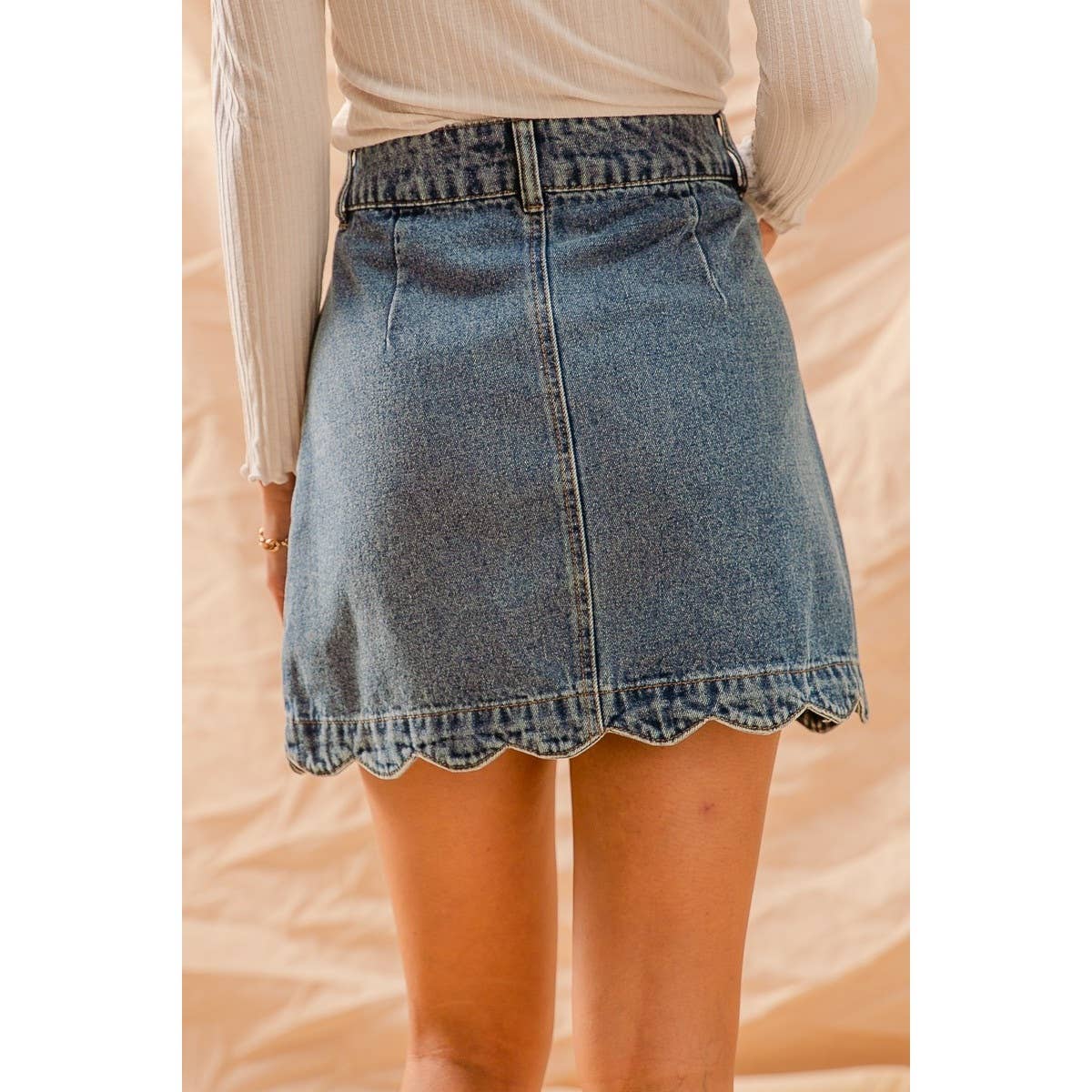 Scallop Button Front Denim Skirt