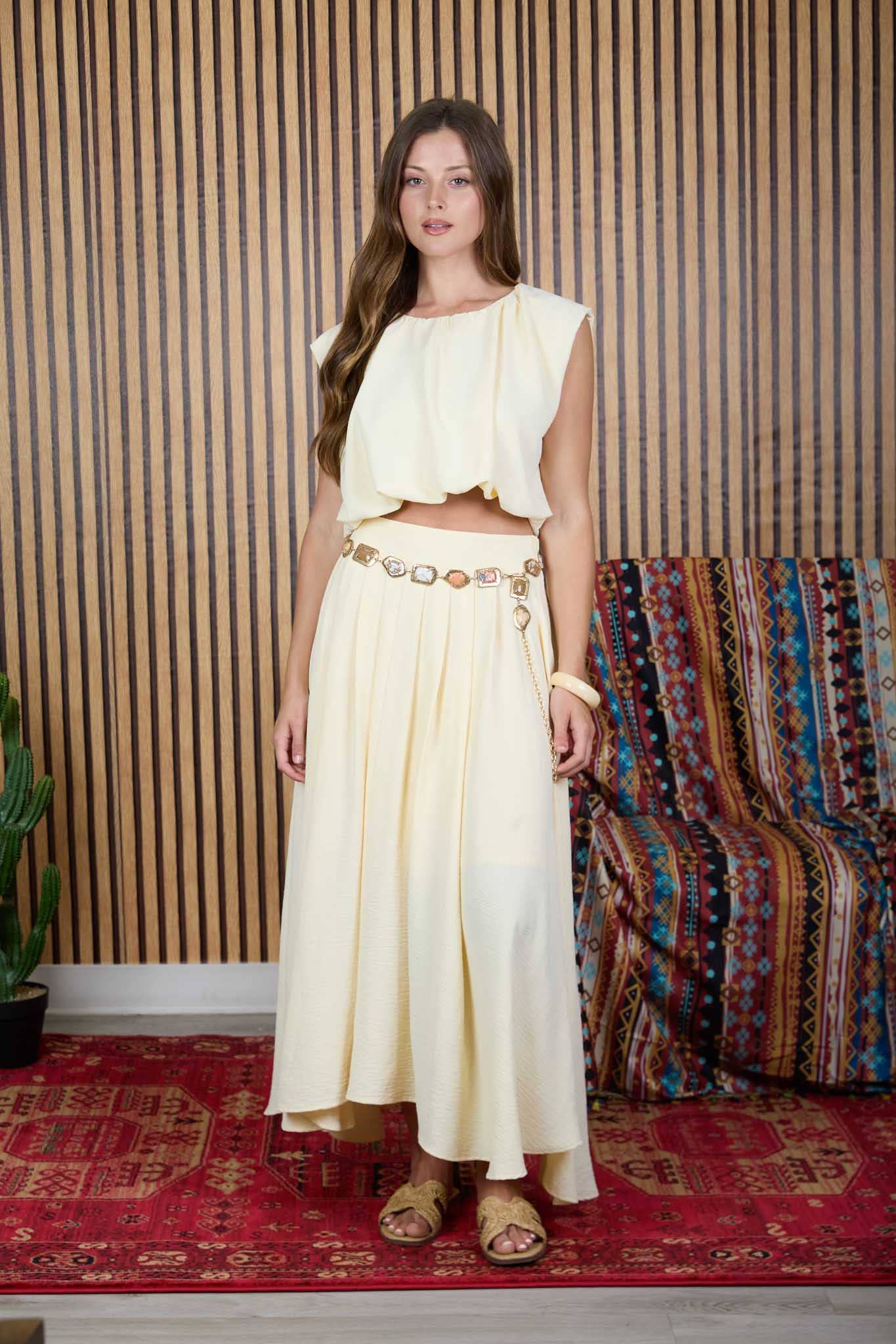 Natural Pleated Midi Skirt