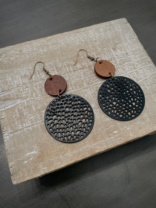 Wooden Leather & Bohemian Round Dangle Earrings