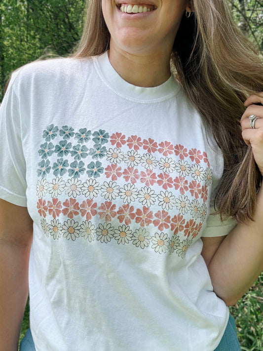 Vintage Floral American Flag Tee