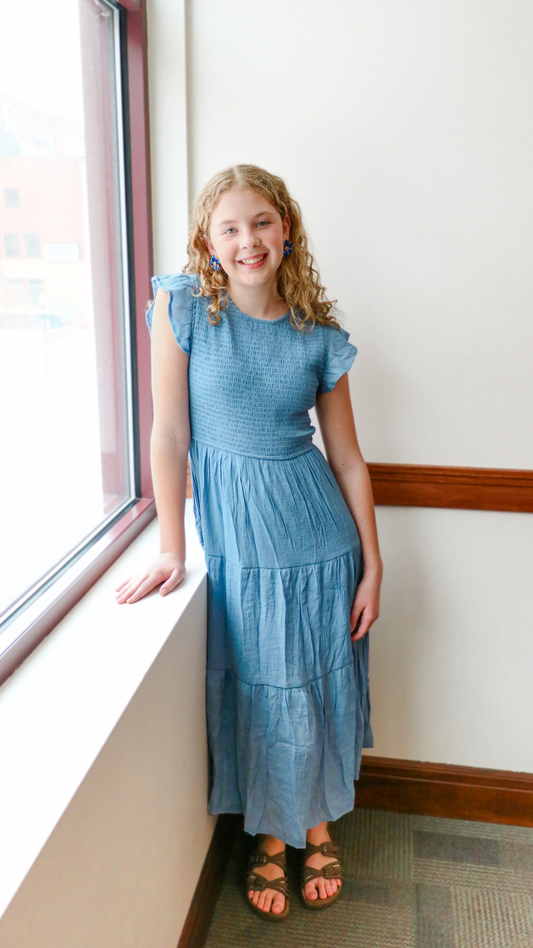 Smocked Tiered Chambray Dress
