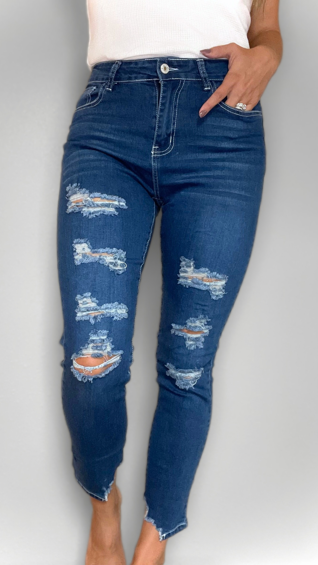 Blue Wash High Rise Distressed Jeans