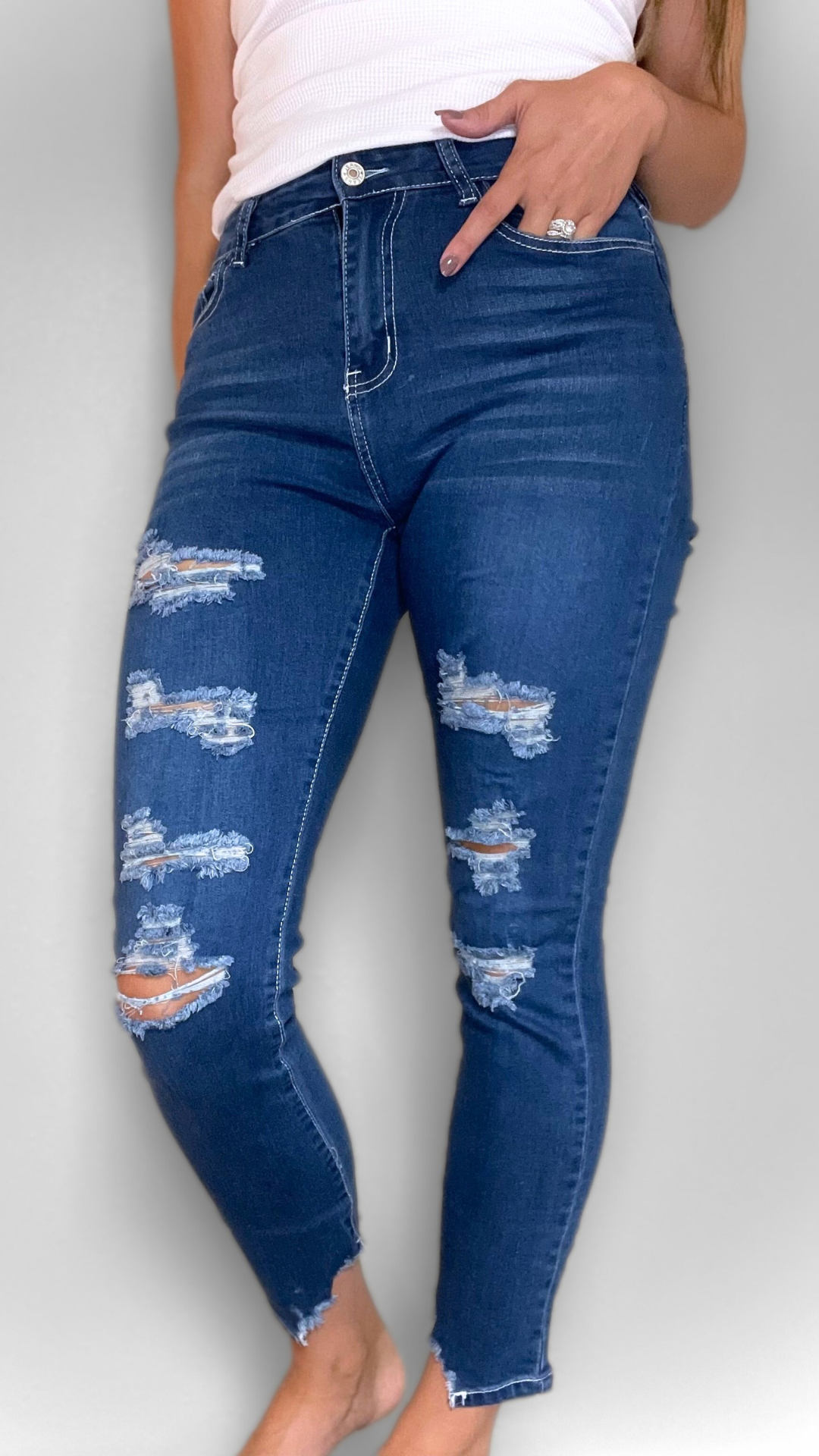 Blue Wash High Rise Distressed Jeans