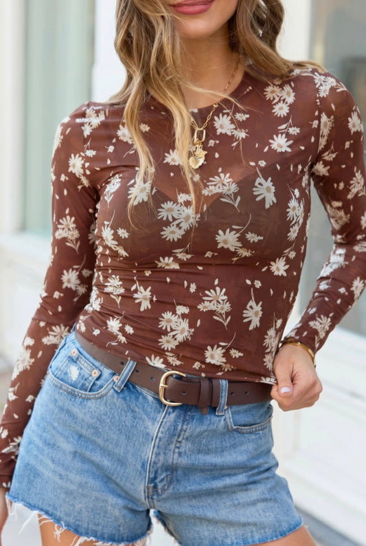 Brown Floral Print Mesh Top