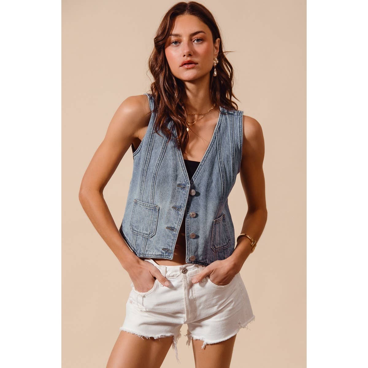 Vintage Washed Denim Button Front Vest Top