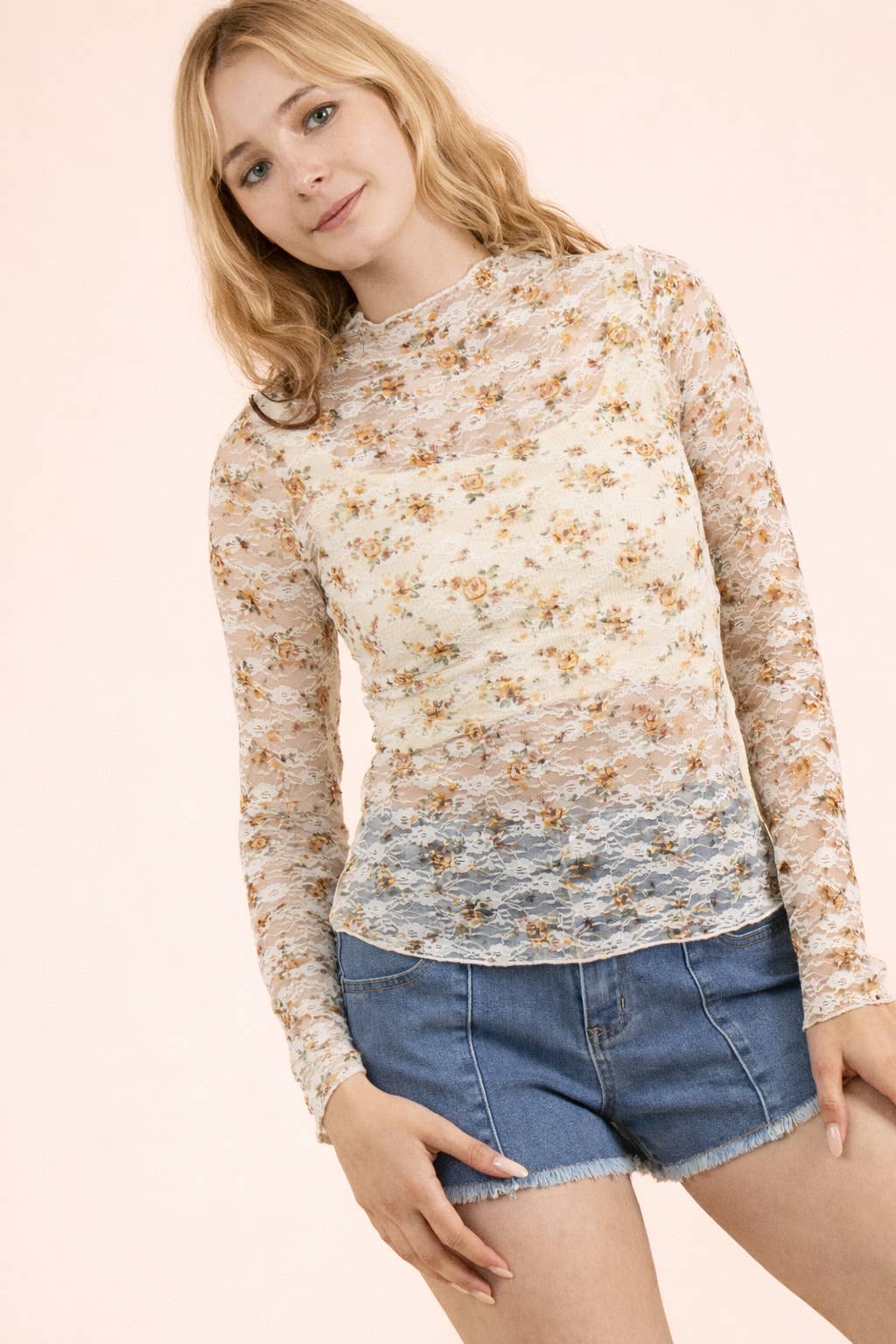 Mustard Floral Mesh Top