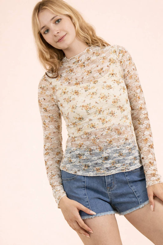 Mustard Floral Mesh Top