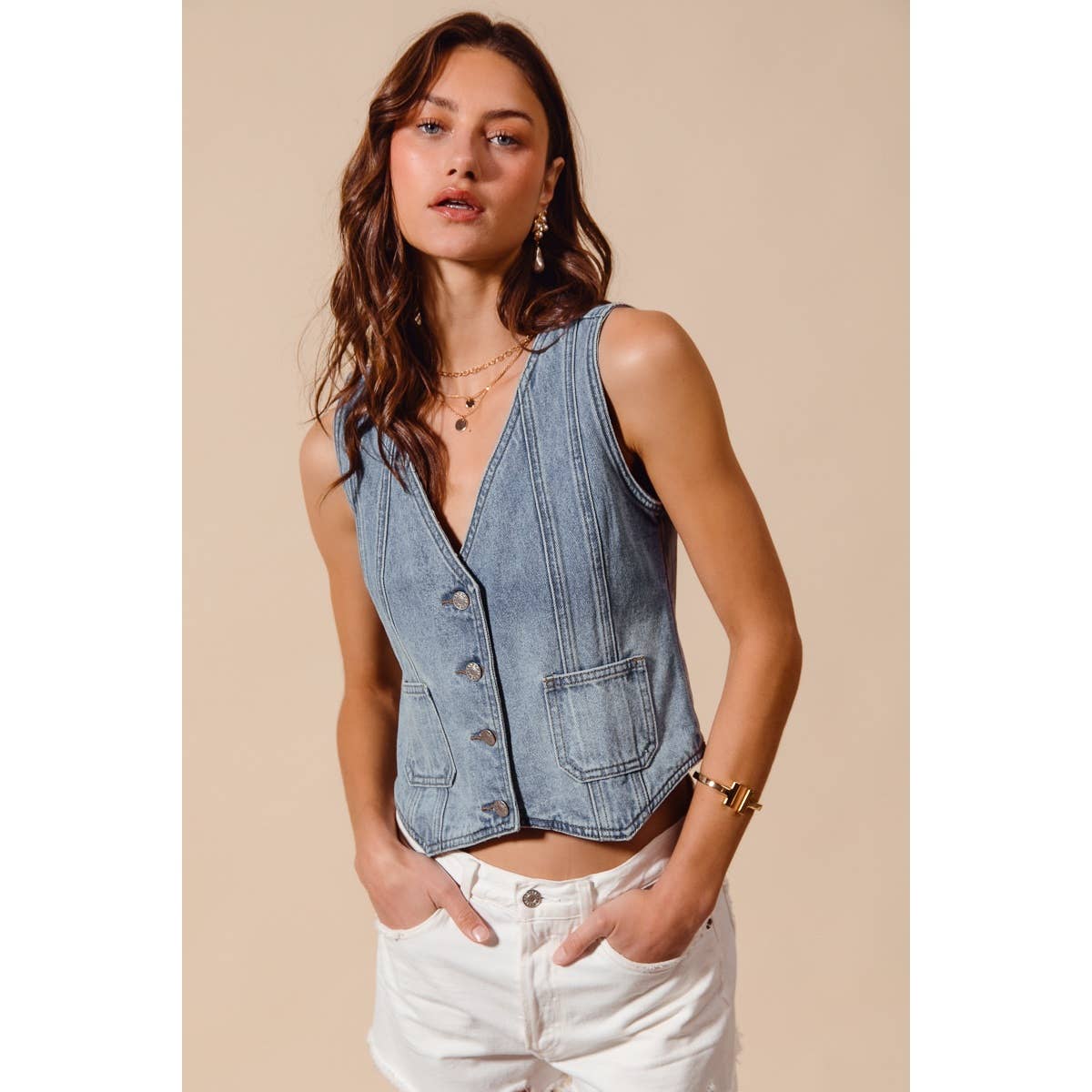 Vintage Washed Denim Button Front Vest Top