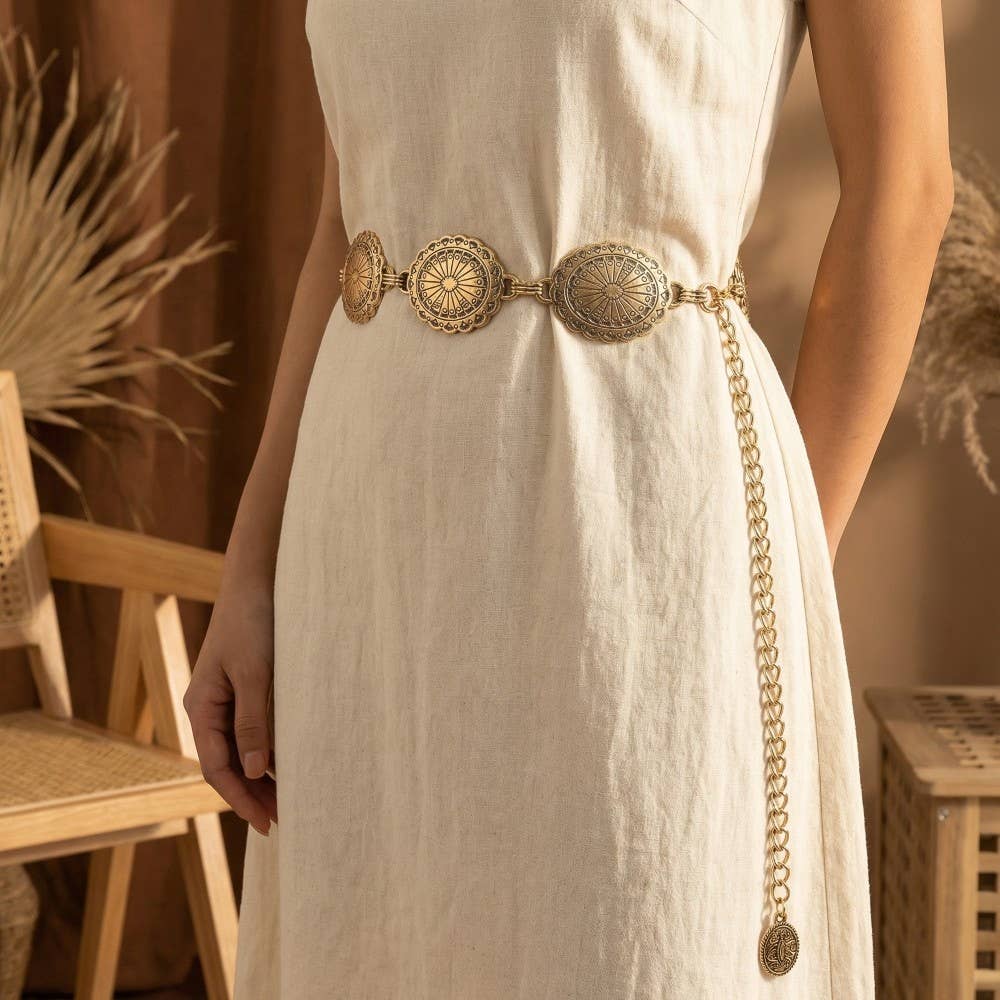 Gold Ornate Oval Western Concho Disc Chain Belt