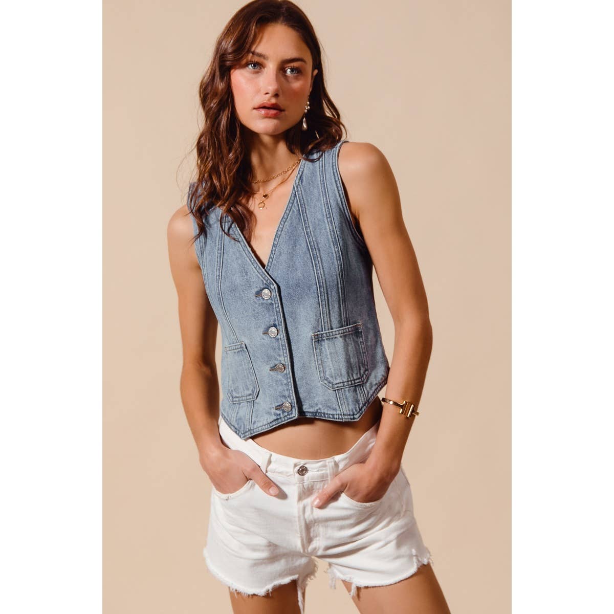 Vintage Washed Denim Button Front Vest Top