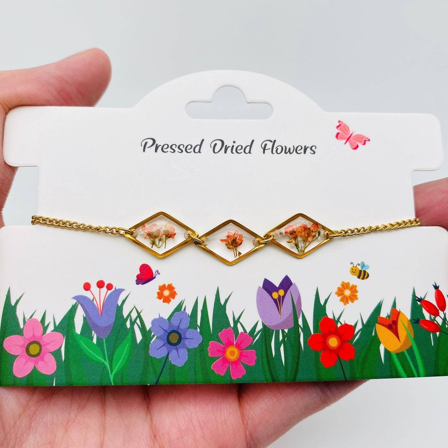 Dried Flowers Floral Geometric Charm Golden Bracelet - SA