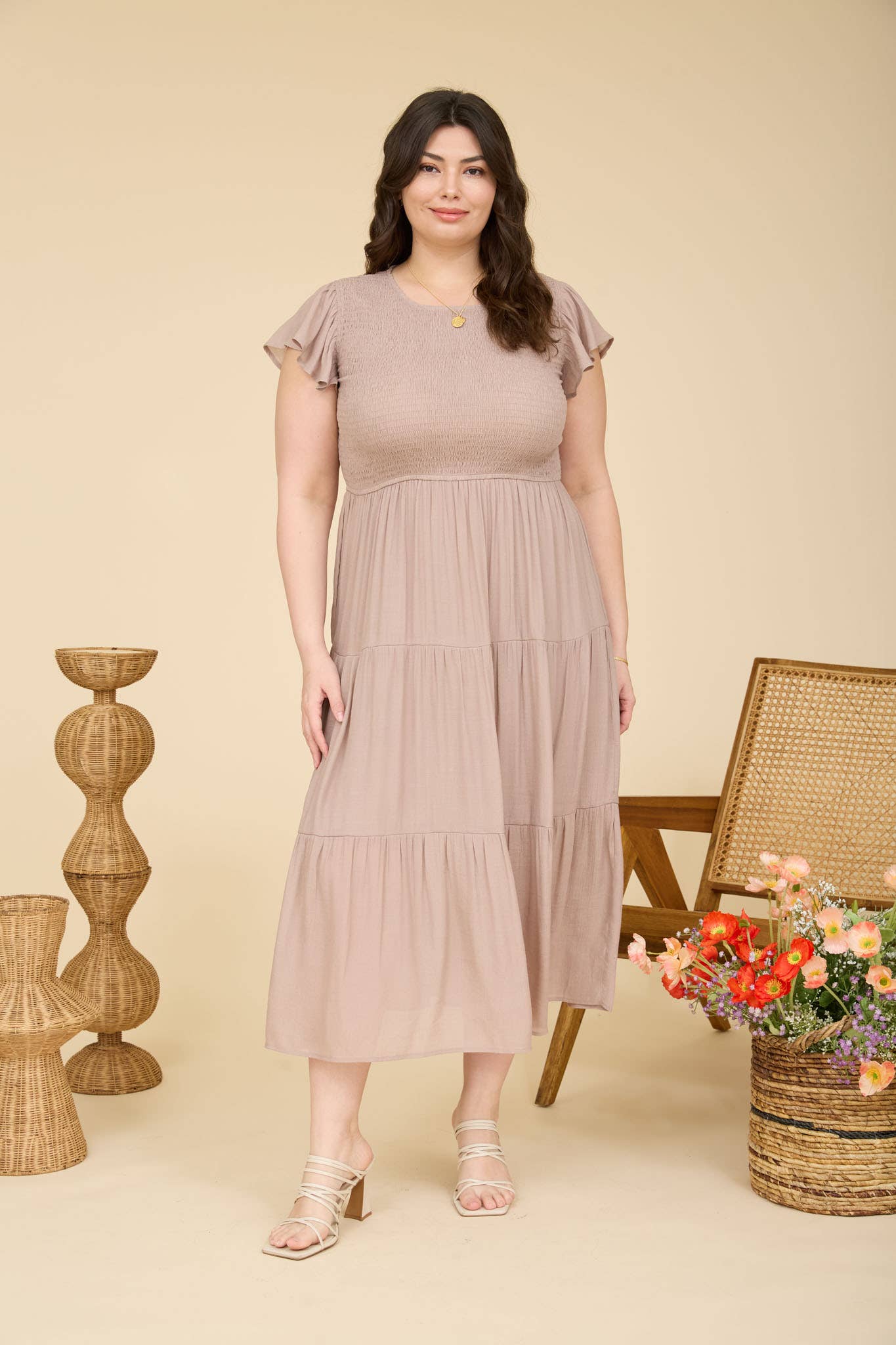 Tired Smocked Taupe Midi Dress