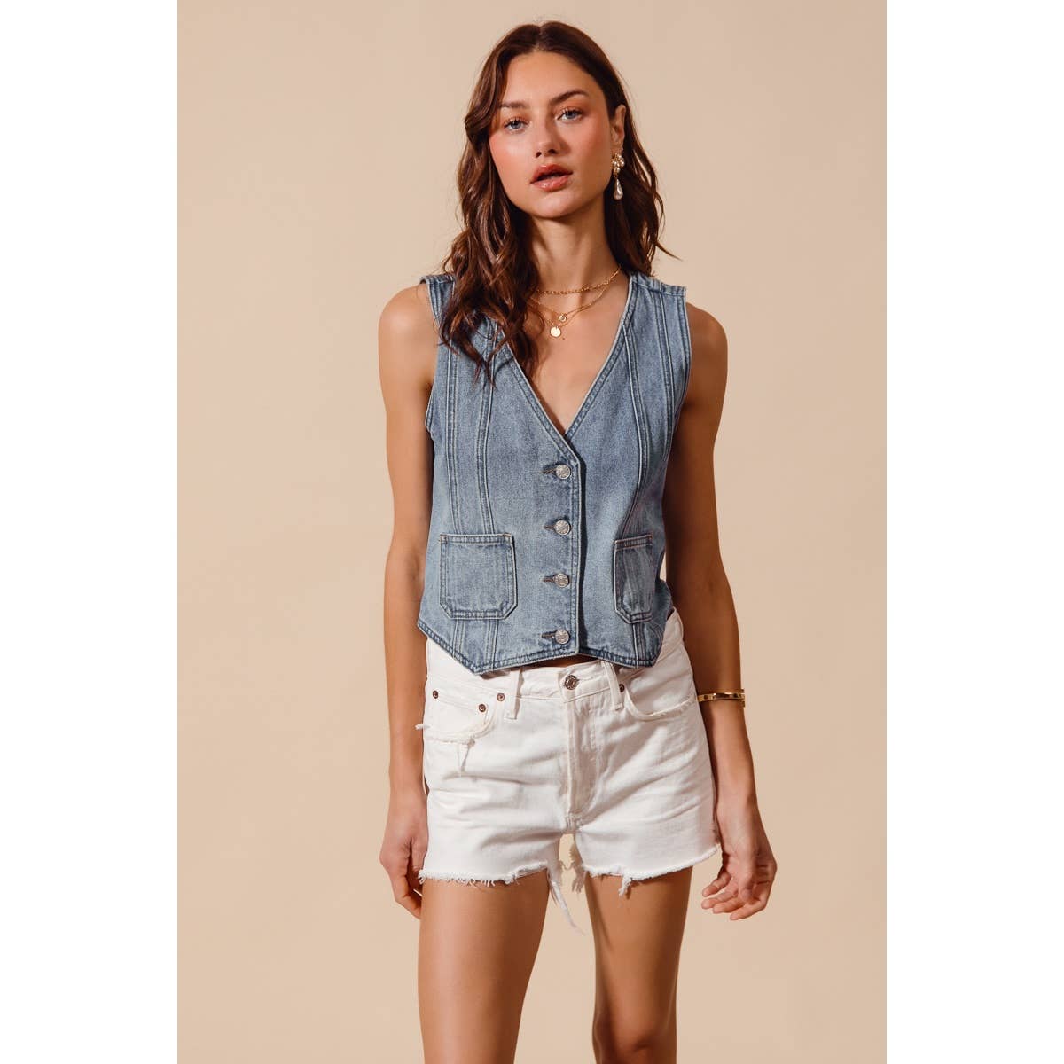 Vintage Washed Denim Button Front Vest Top