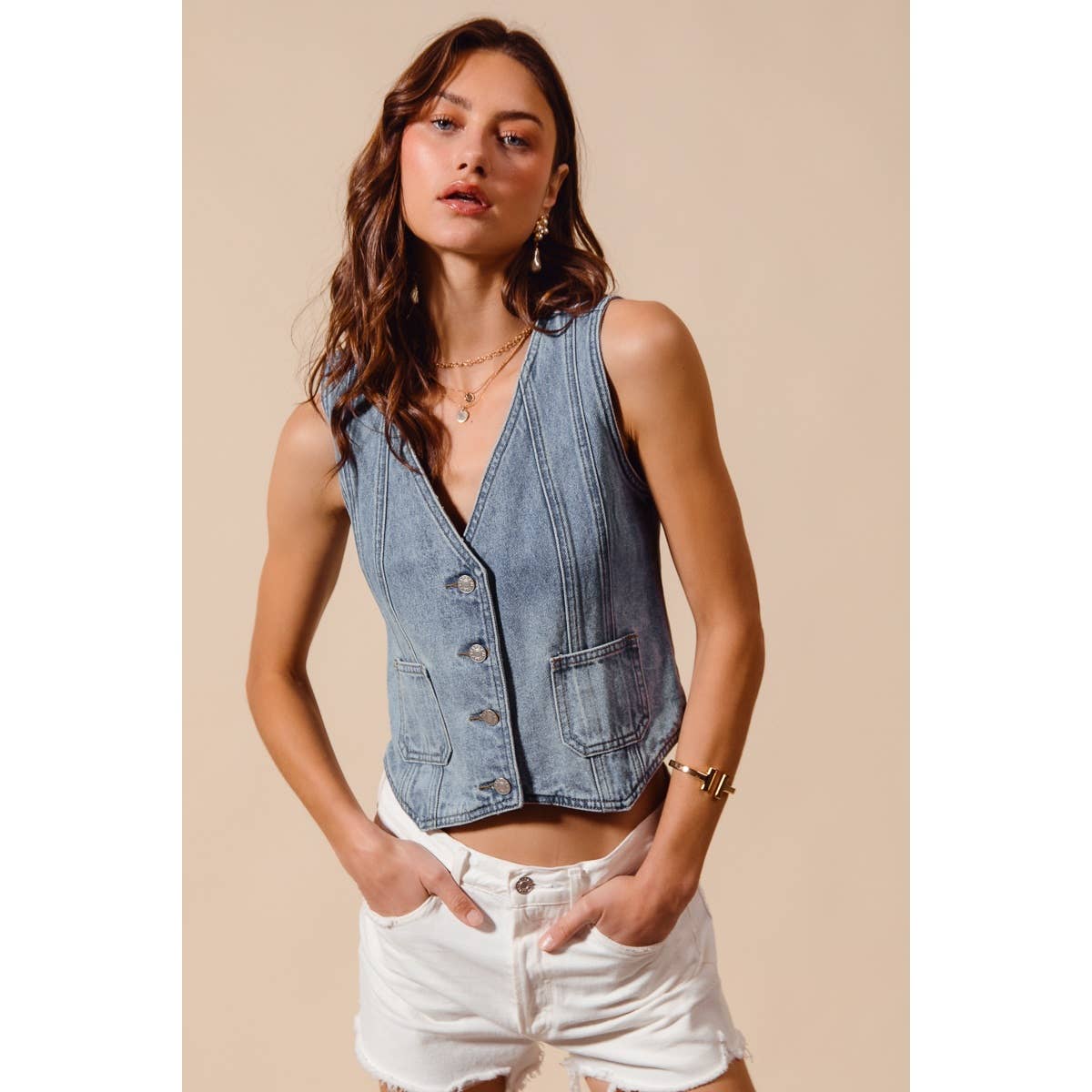 Vintage Washed Denim Button Front Vest Top