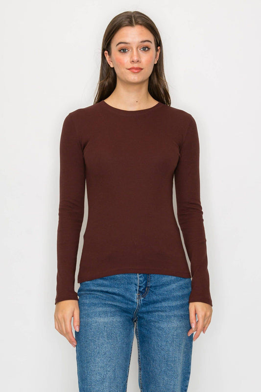 Brown Long Sleeve Mini Ribbed Tee