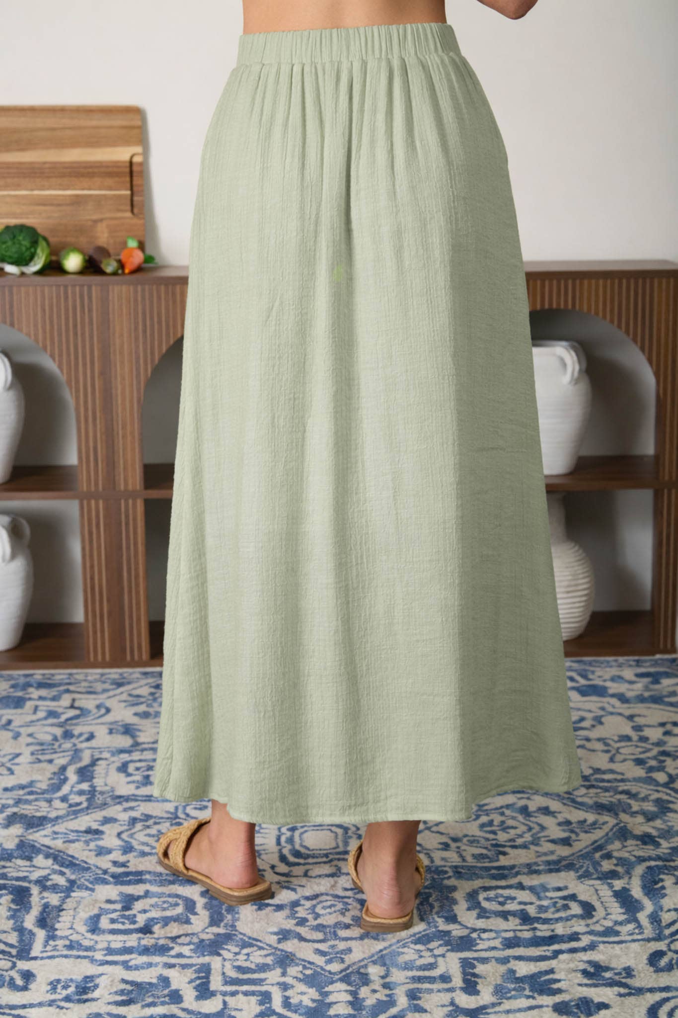 Light Olive Front Button Midi Skirt