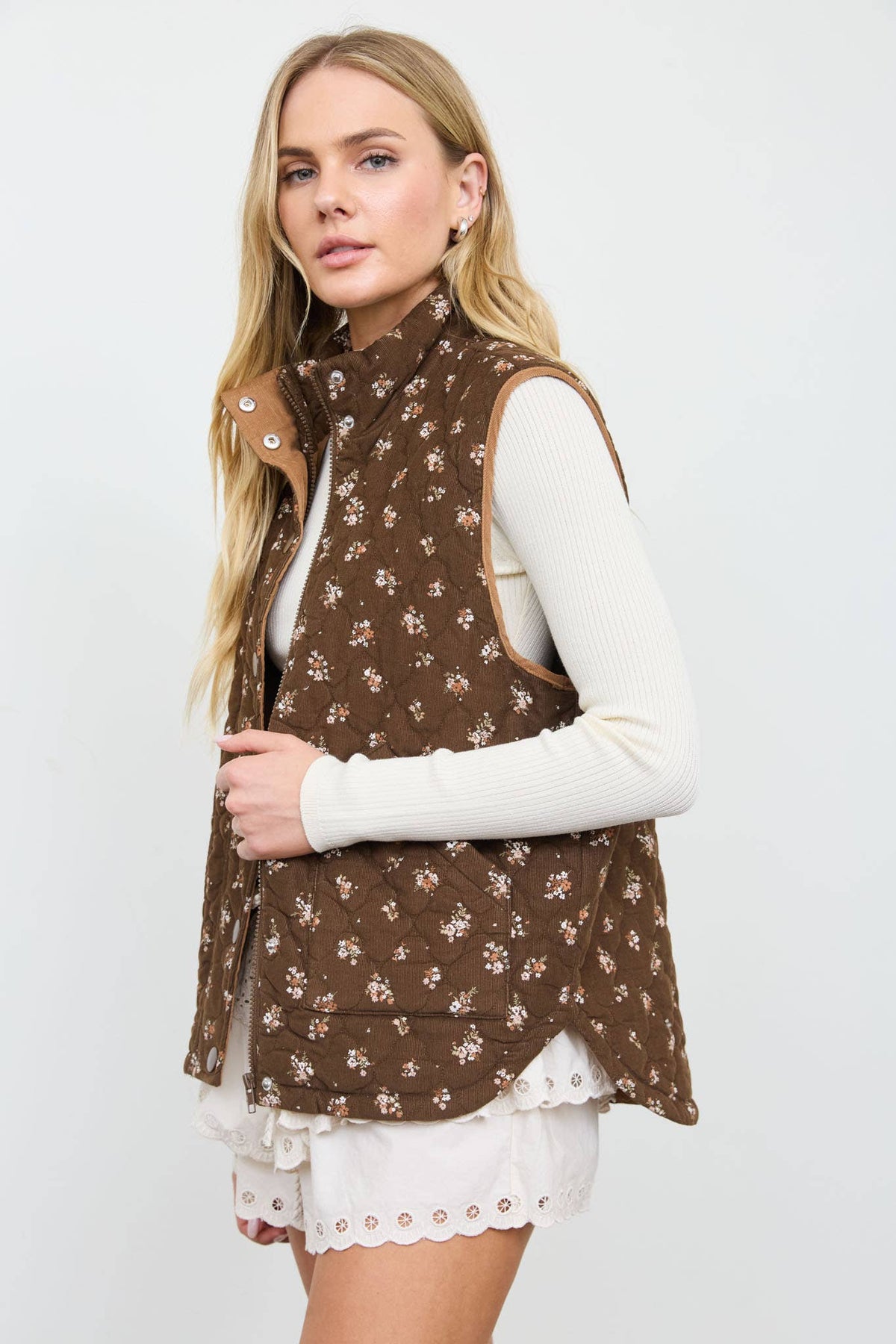 Floral Quilted Mock Neck Vest