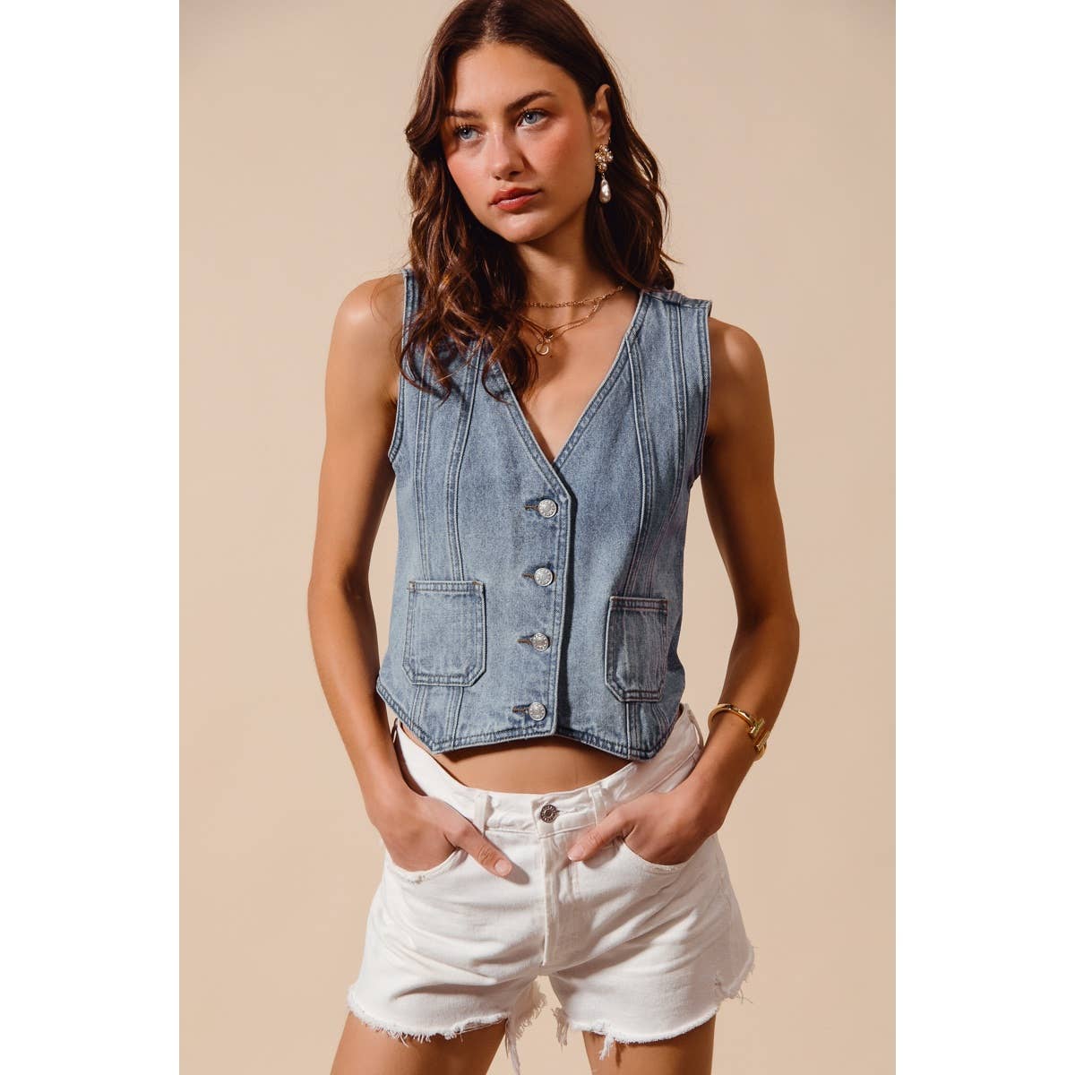 Vintage Washed Denim Button Front Vest Top